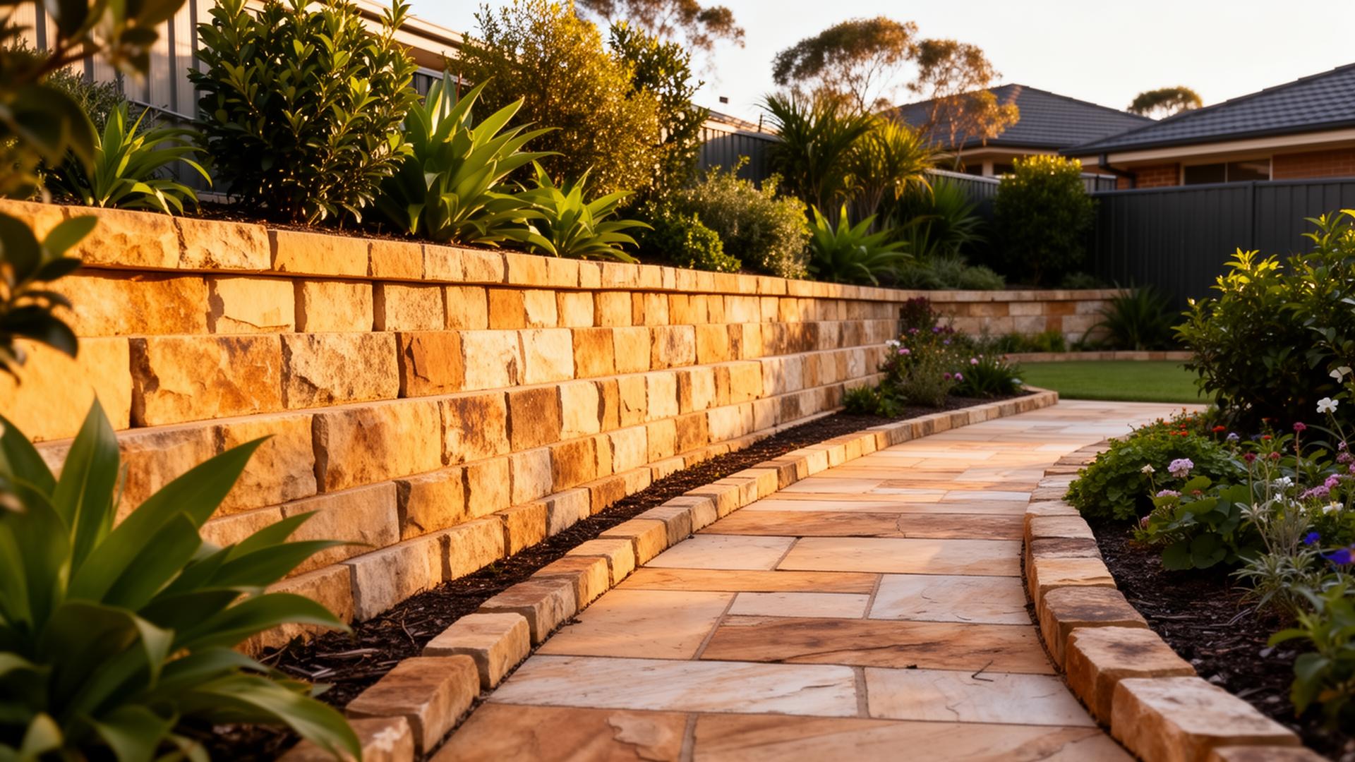 Sandstone World quarry — premium sandstone blocks stacked at sunset
